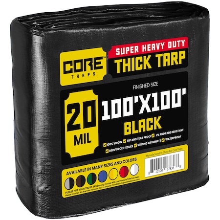 Core Tarps Heavy Duty Tarp, 100 ft x 100 ft, 20 Mil, Black, Polyethylene CT-706-100x100